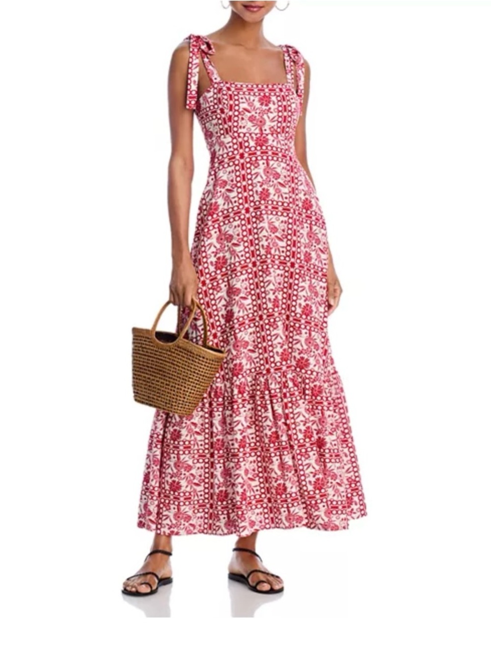 Aqua Tile Print Red Tiered Square neck tie shoulder maxi dress size XXL